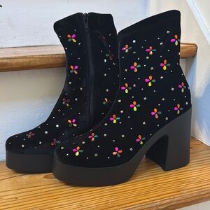 Betsey Johnson Black Ankle Boots with Colorful Embellishments